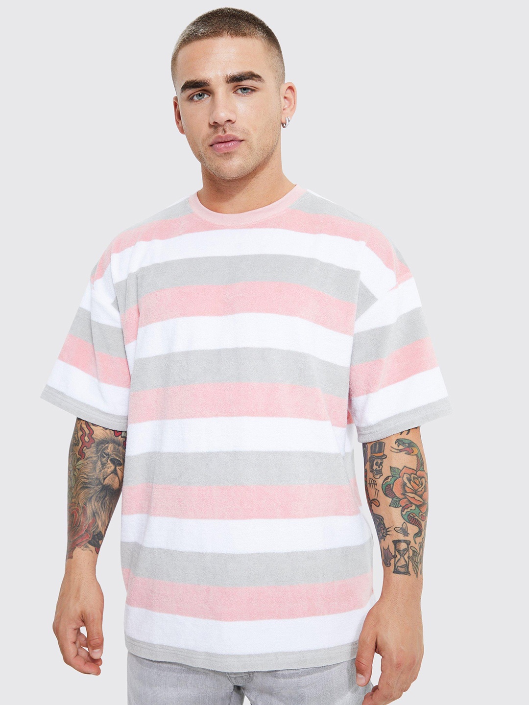 

boohooMAN Striped Oversized T-shirt, Grey
