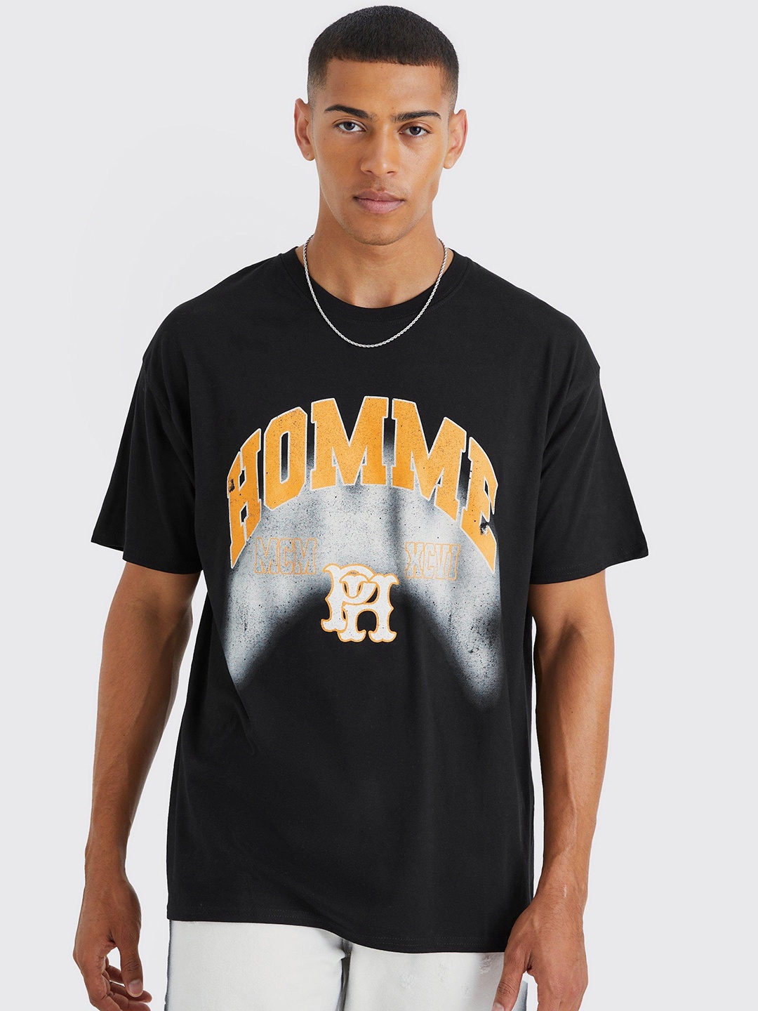 boohooMAN Typography Printed Pure Cotton Oversized T-shirt, Black