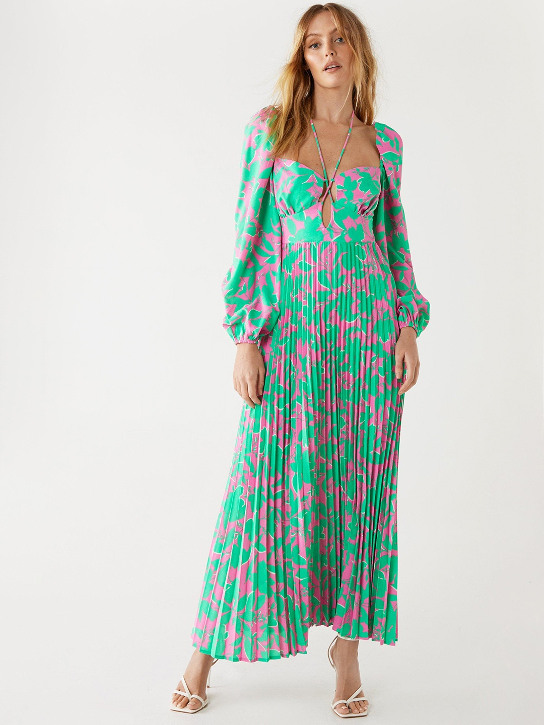 

WAREHOUSE Abstract Print Accordion Pleated A-Line Maxi Dress, Green