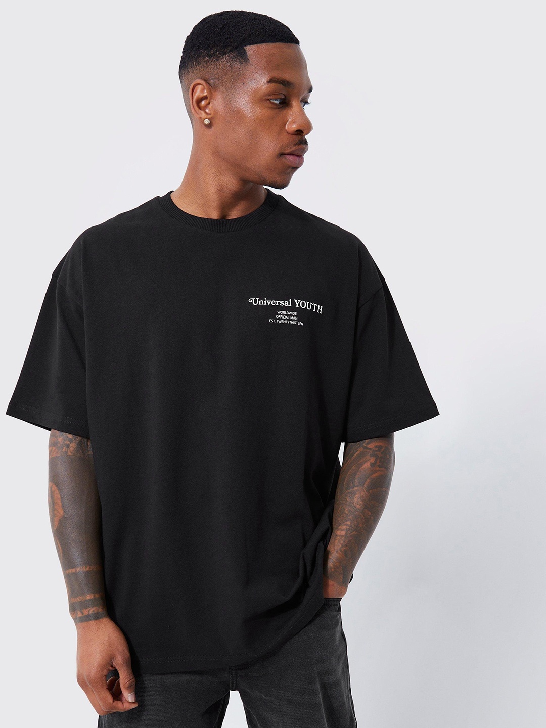 

boohooMAN Typography Printed Detail Pure Cotton Oversized T-shirt, Black