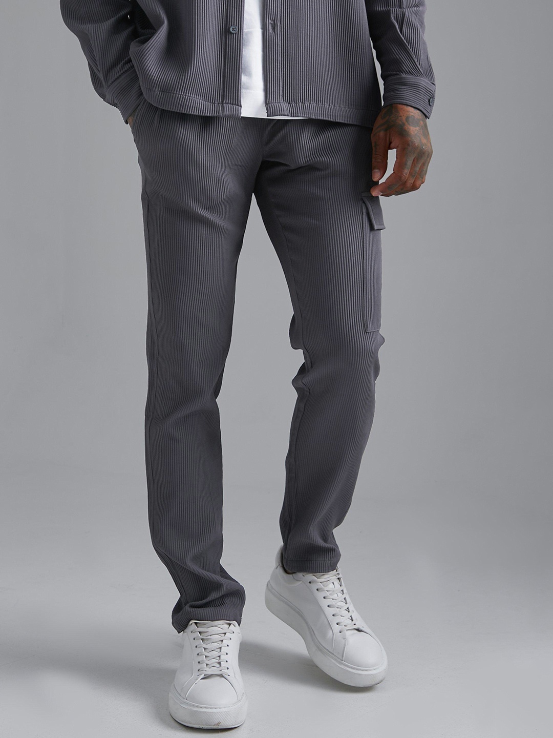 

boohooMAN Self Striped Regular Trousers, Grey