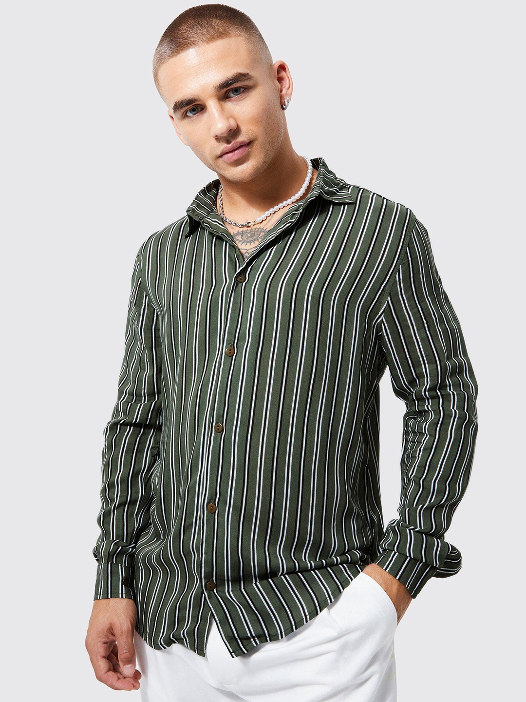 

boohooMAN Striped Spread Collar Shirt, Green