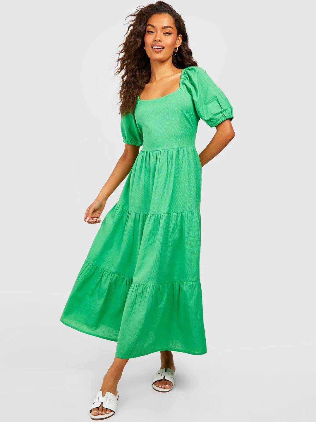 

Boohoo Poplin Puff Sleeve A-Line Midi Dress, Green