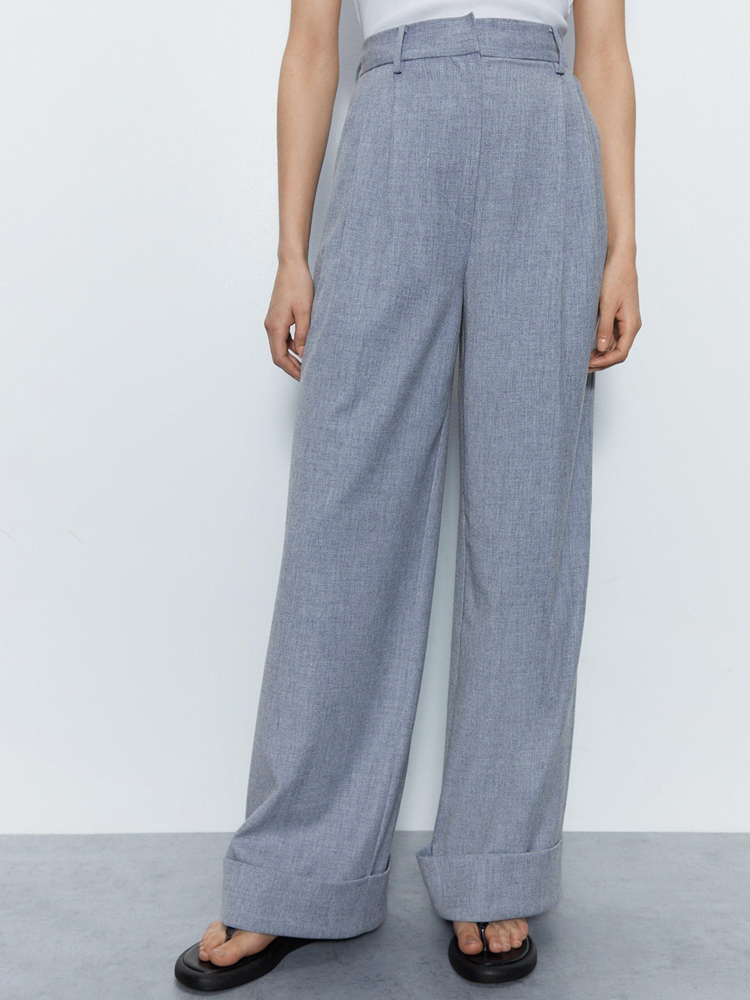 

WAREHOUSE Women Wide Leg Pleated Trousers, Grey melange