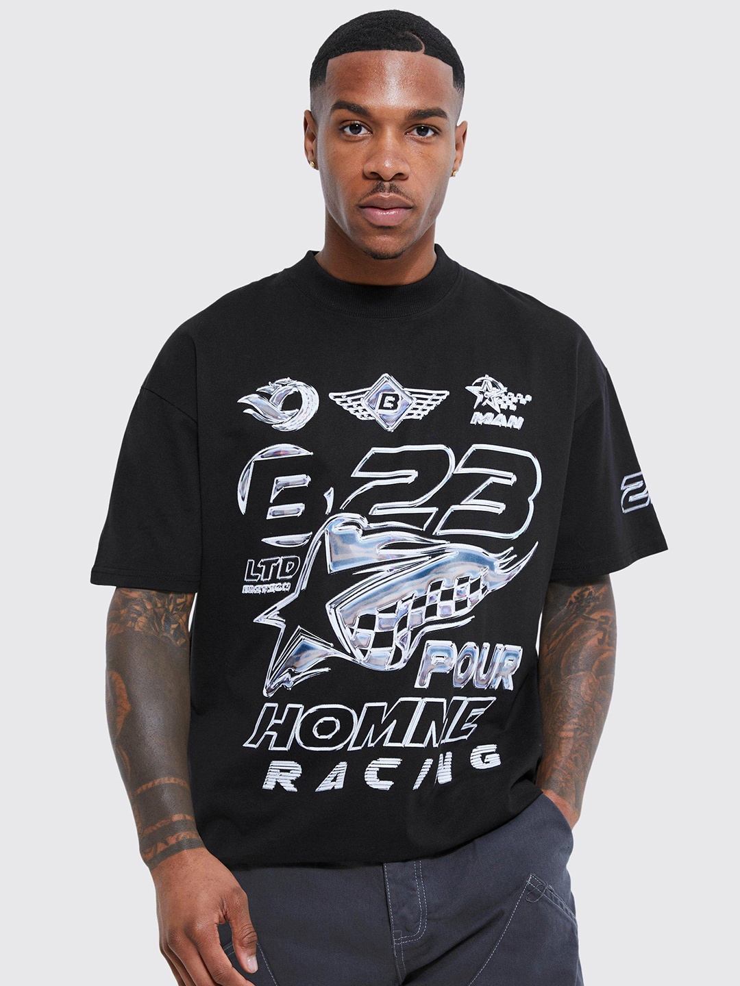 

boohooMAN Typography Printed Pure Cotton Oversized T-shirt, Black