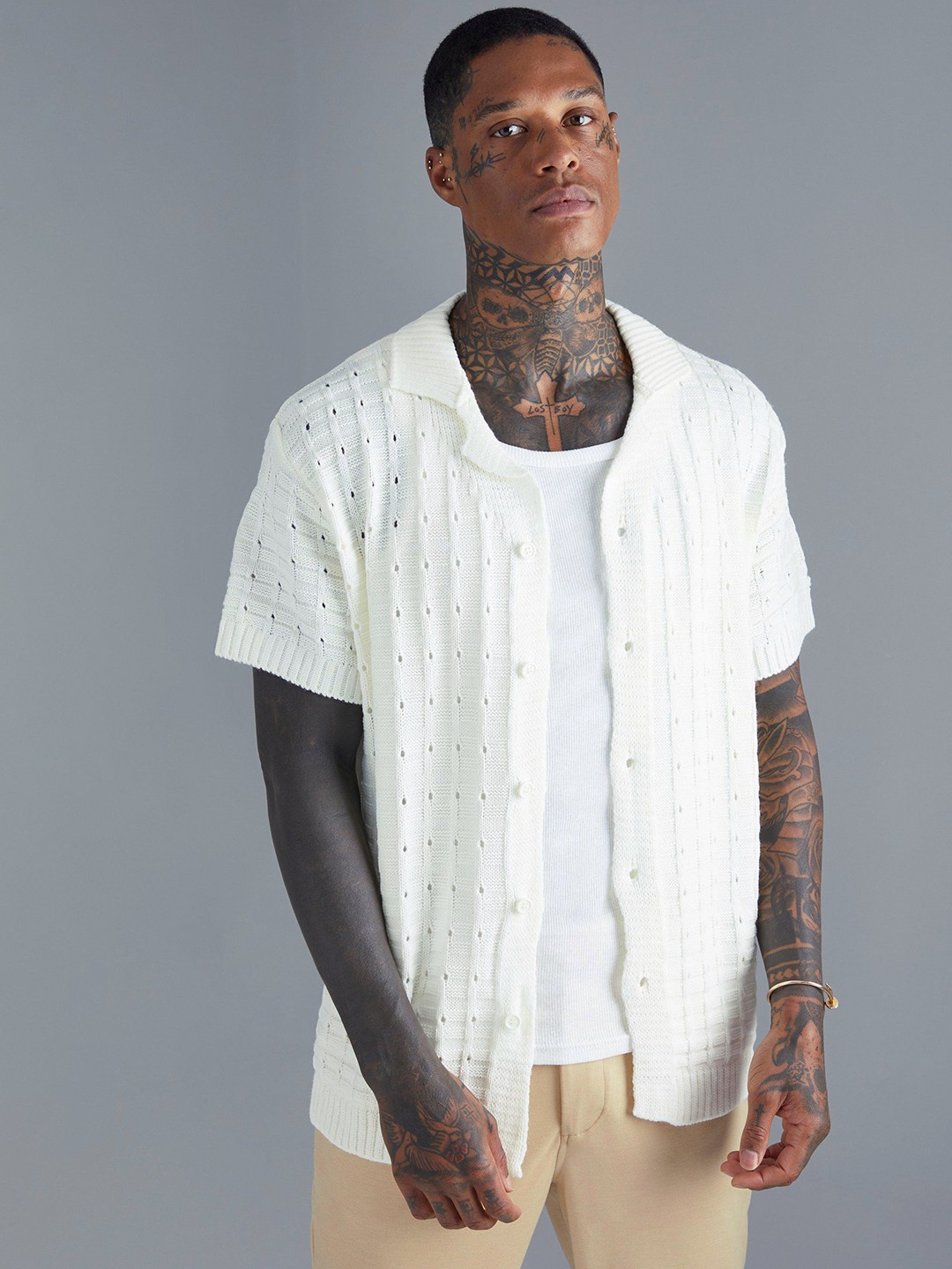 

boohooMAN Self Design Knitted Shirt, Cream