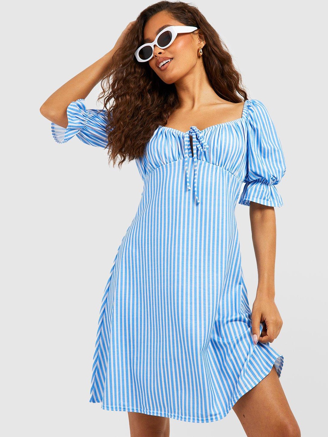 

Boohoo Striped Puff Sleeve Empire Mini Dress, Blue