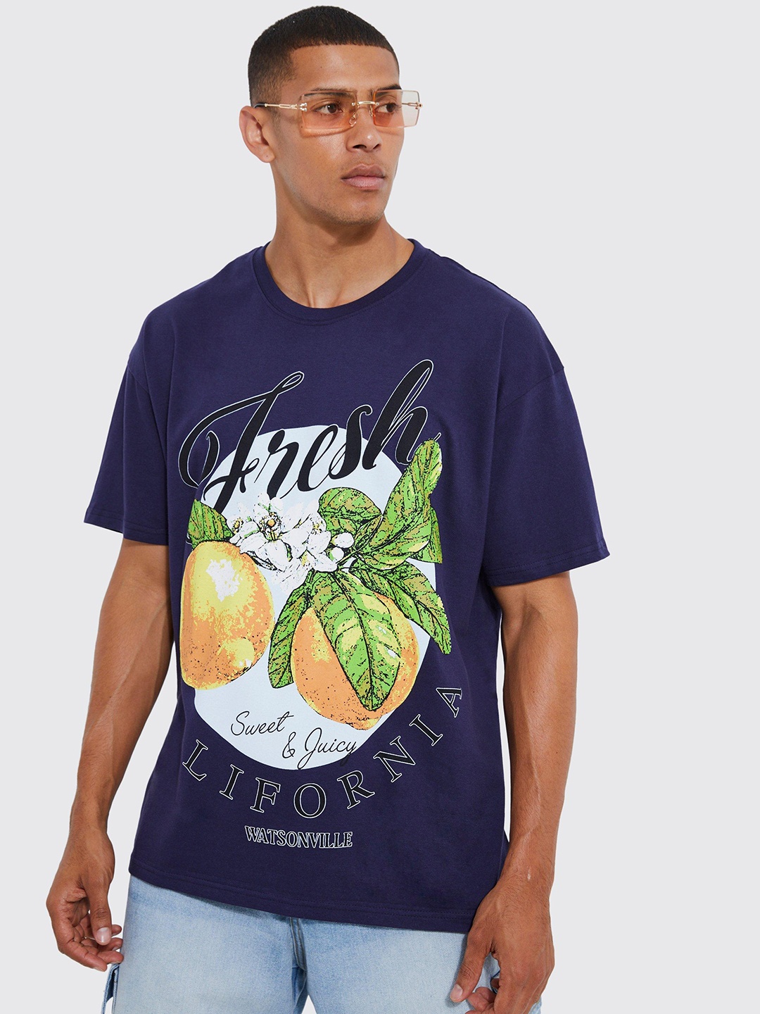 

boohooMAN Typography & Graphic Printed Pure Cotton Oversized T-shirt, Navy blue