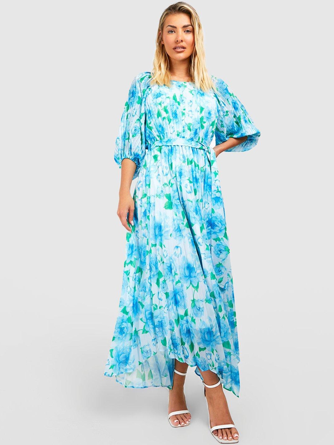 

Boohoo Pleated Floral Print Puff Sleeve A-Line Midi Dress, Blue