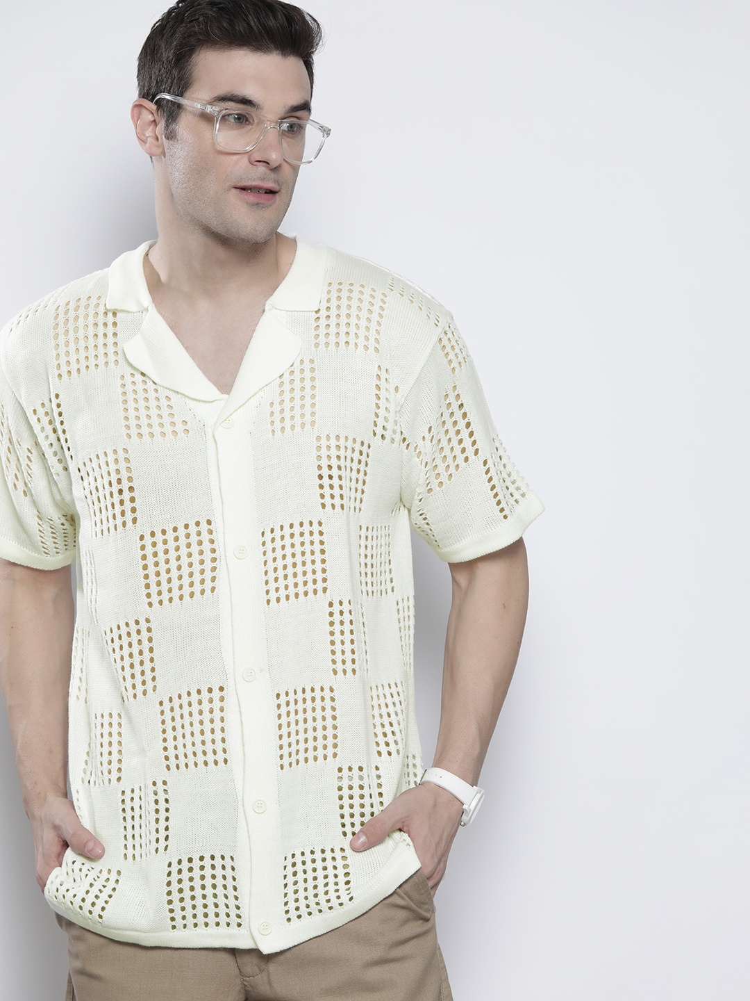 

boohooMAN Open Knit Shirt, Cream