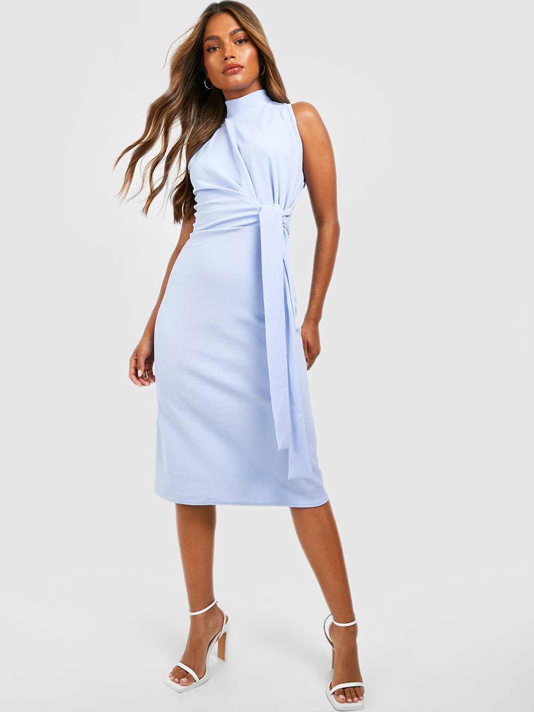

Boohoo Crepe Tie-Up Waist Sheath Midi Dress, Blue