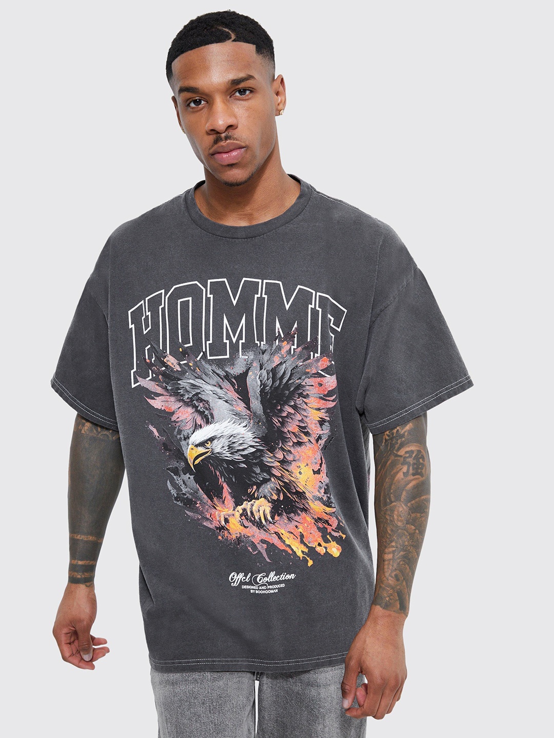

boohooMAN Typography & Graphic Printed Pure Cotton Oversized T-shirt, Grey