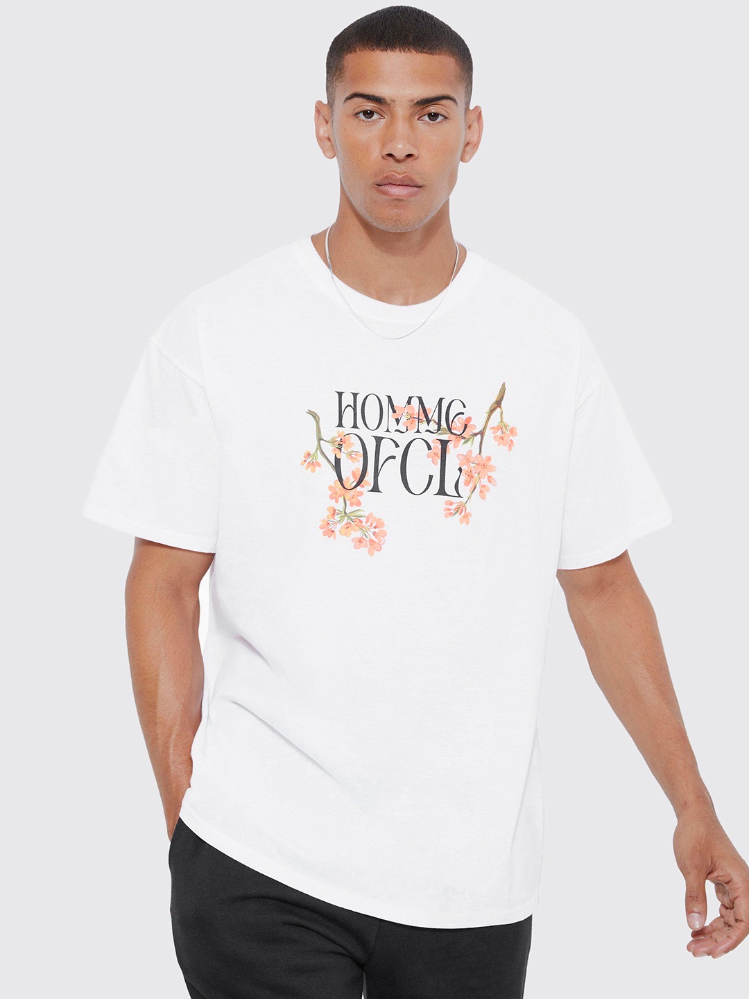 

boohooMAN Typography & Floral Printed Pure Cotton Oversized T-shirt, White