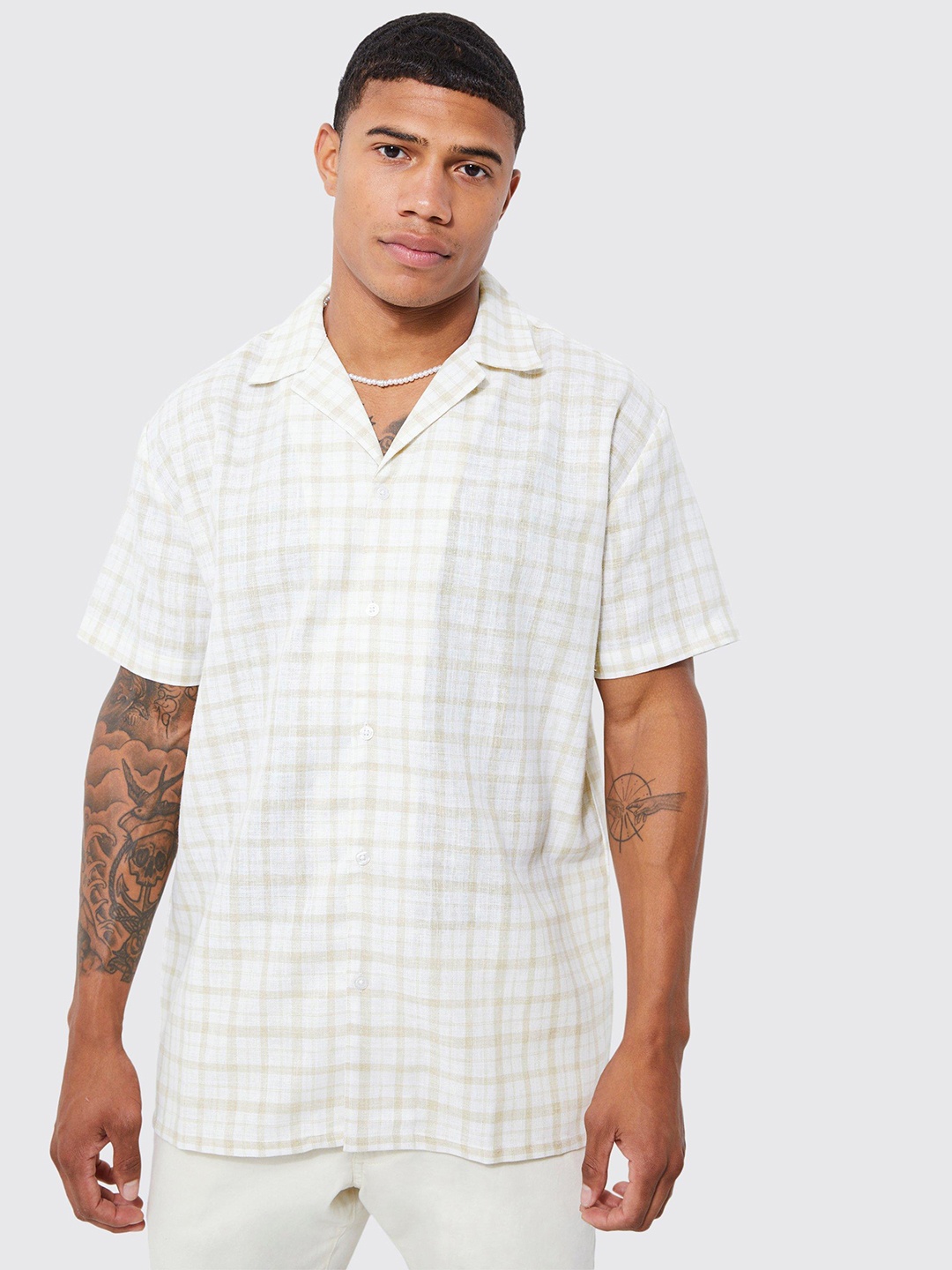 

boohooMAN Tartan Checked Oversized Shirt, White