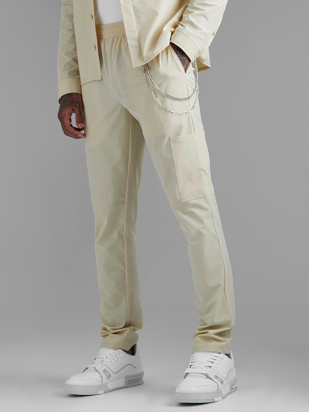 

boohooMAN Mid Rise Regular Trousers, Beige