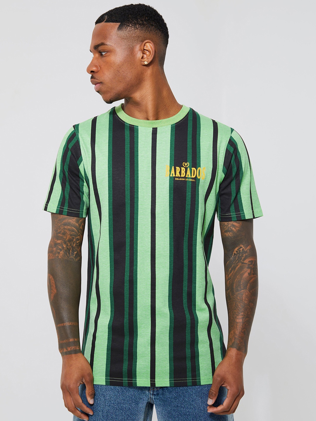 

boohooMAN Striped Pure Cotton Slim Fit T-shirt, Green