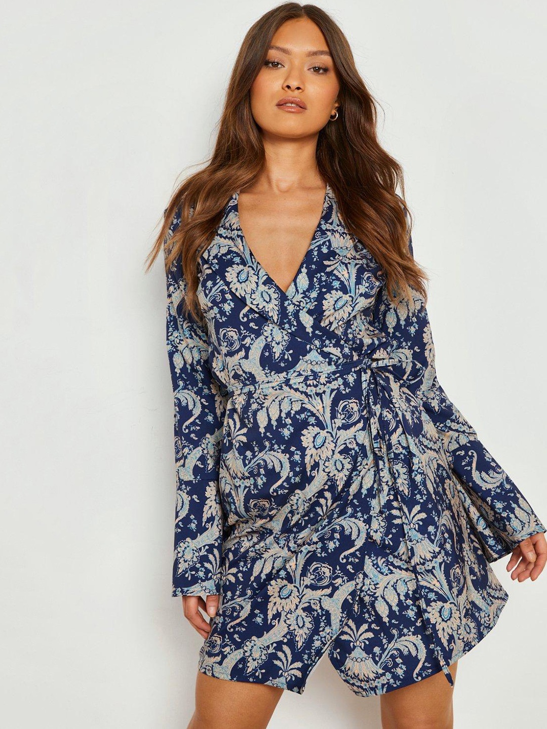 

Boohoo Ethnic Motifs Print Flared Sleeve Wrap Mini Dress, Blue