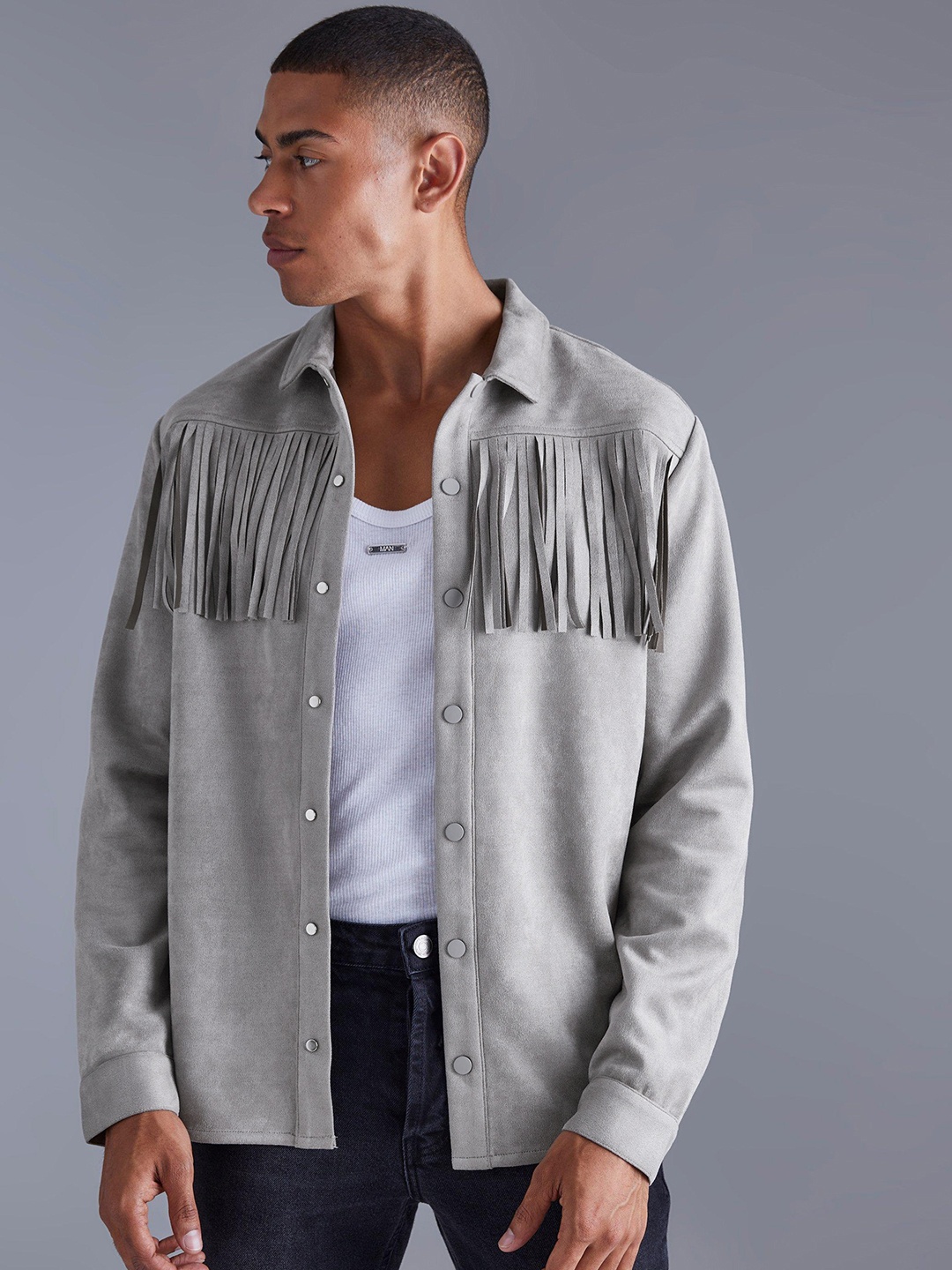 

boohooMAN Fringe Detail Casual Shirt, Grey