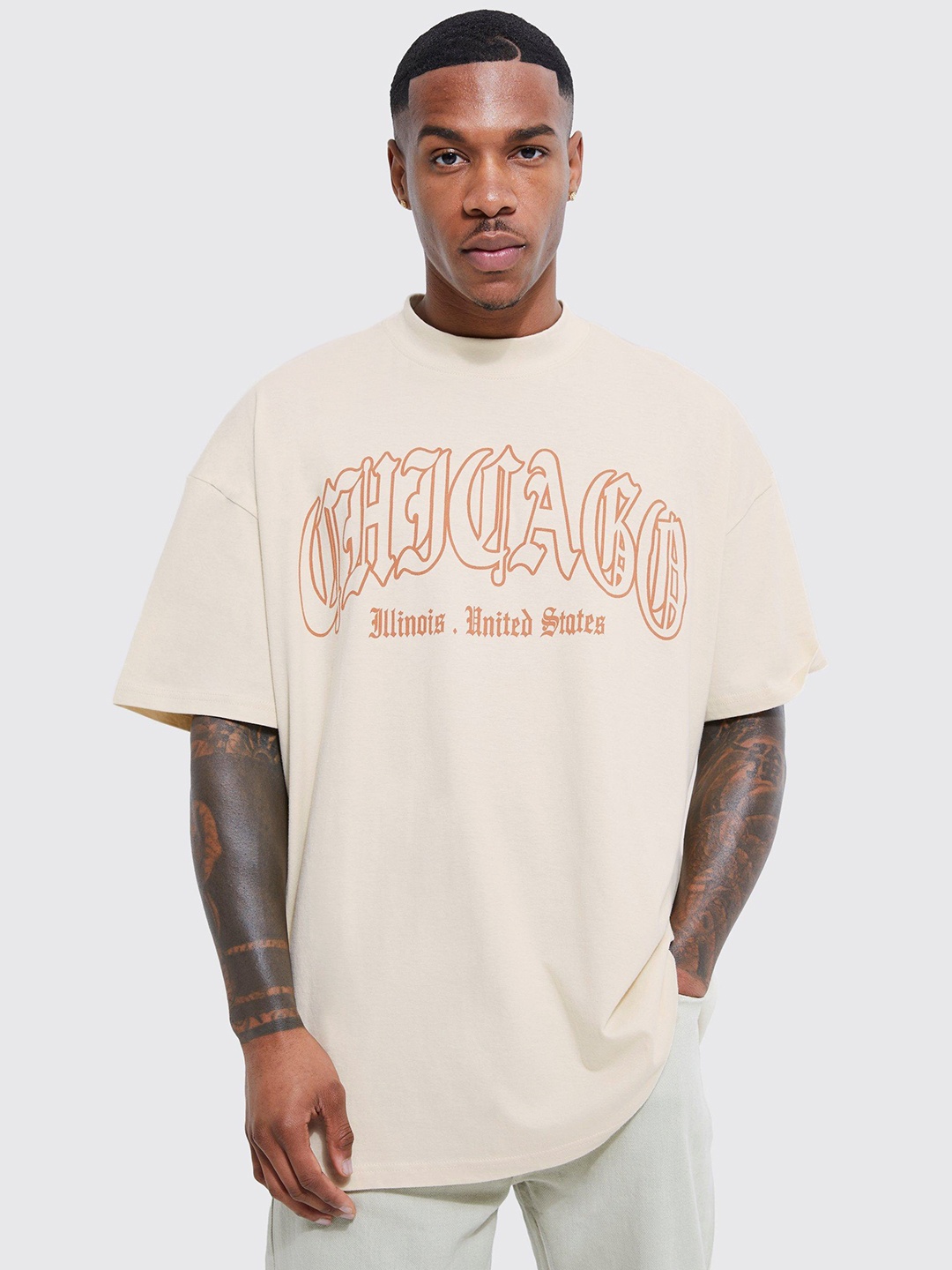 

boohooMAN Printed Drop-Shoulder Sleeves Pure Cotton Oversized T-shirt, Off white