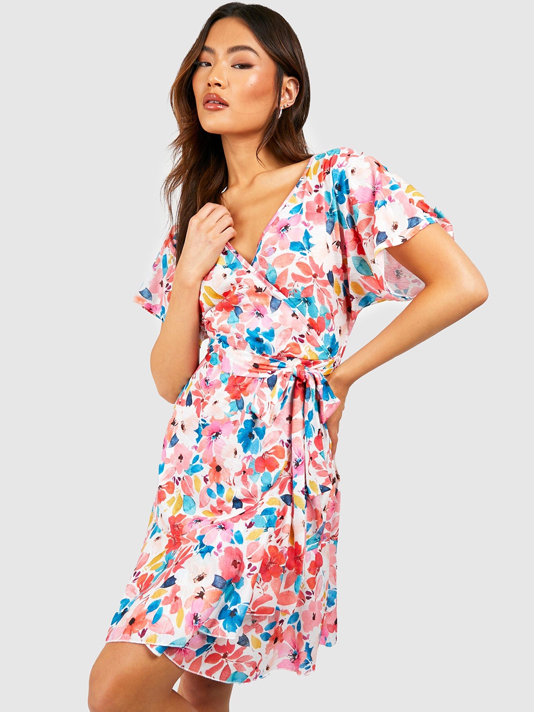 

Boohoo Floral Print Flutter Sleeve Ruffled Wrap Dress, Pink