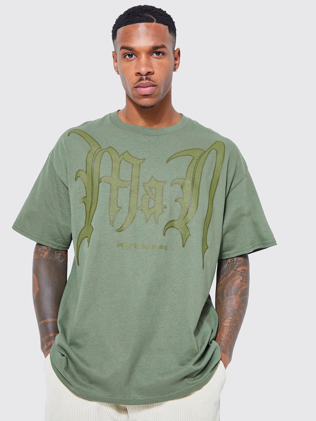 

boohooMAN Printed Drop-Shoulder Sleeves Pure Cotton Oversized T-shirt, Green