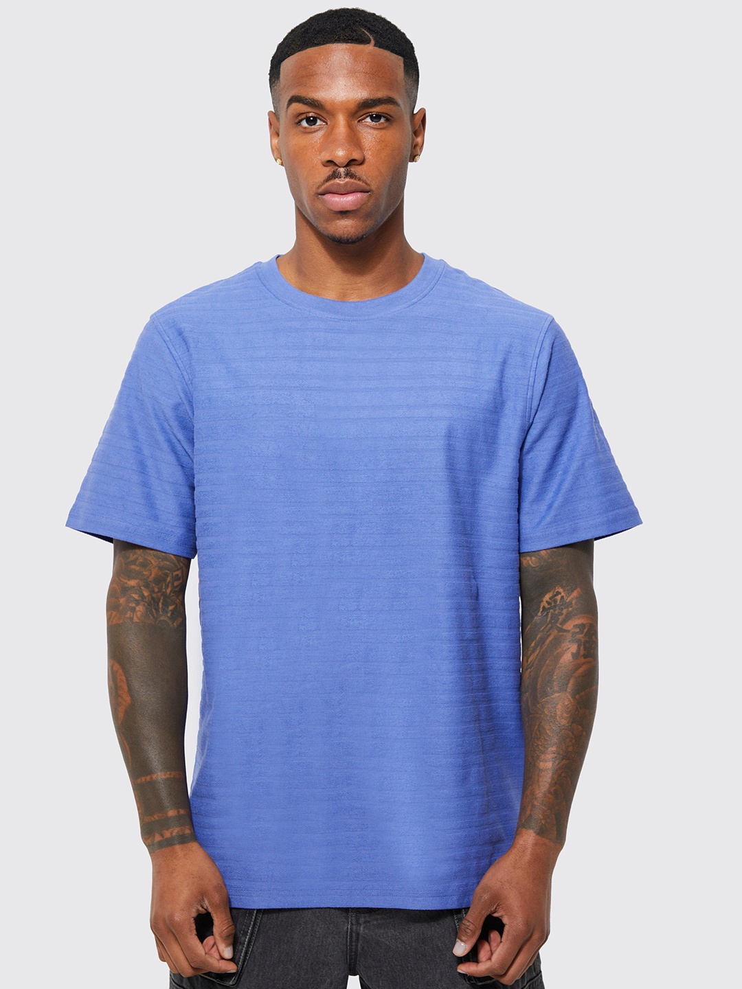

boohooMAN Self-Striped Pure Cotton T-shirt, Blue