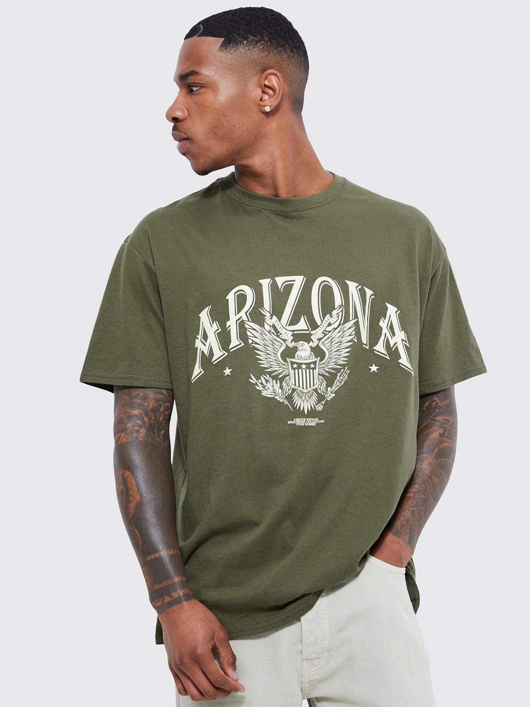 boohooMAN Printed Pure Cotton Oversized T-shirt, Olive