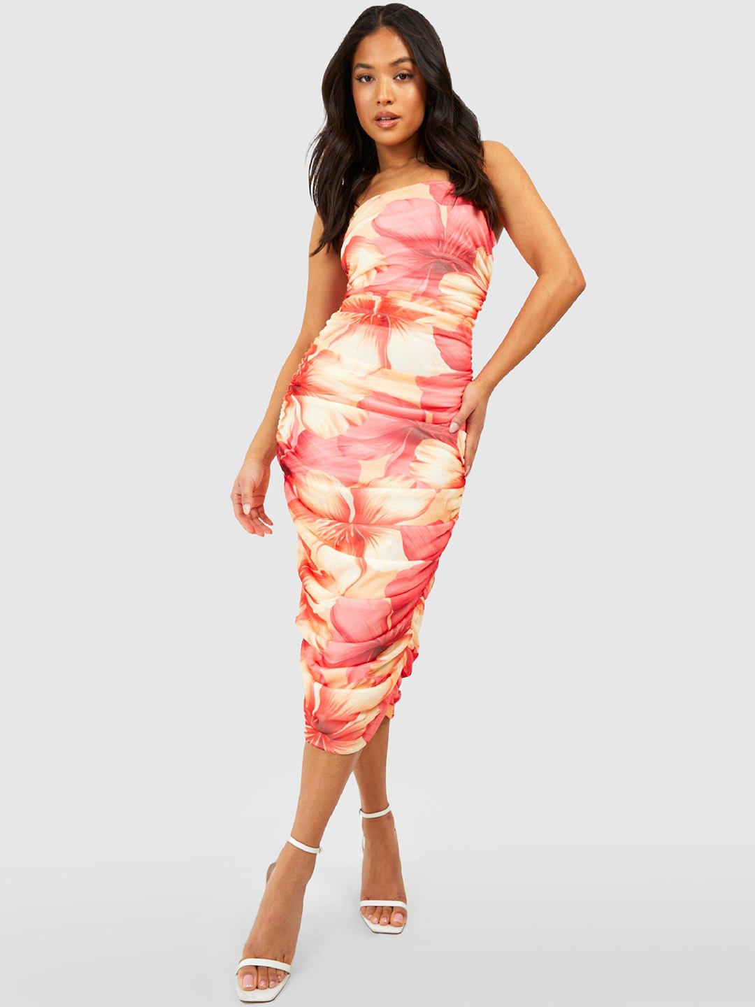 

Boohoo Petite Floral Print Ruched Bandeau Midi Dress, Pink
