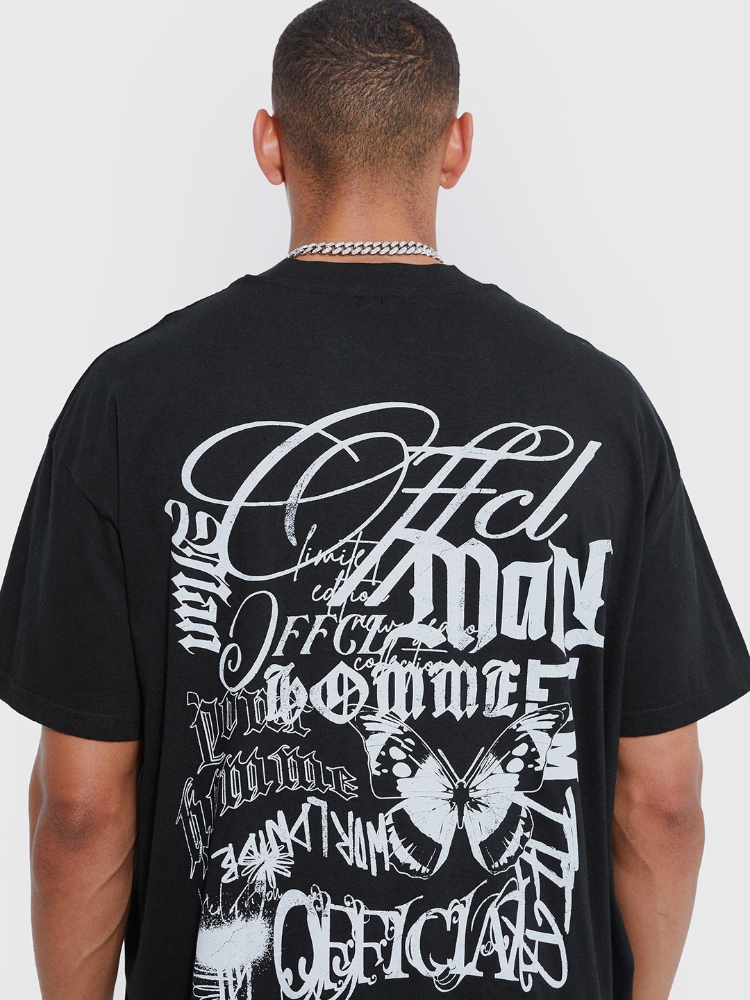 

boohooMAN Printed Drop-Shoulder Sleeves Pure Cotton Oversized T-shirt, Black