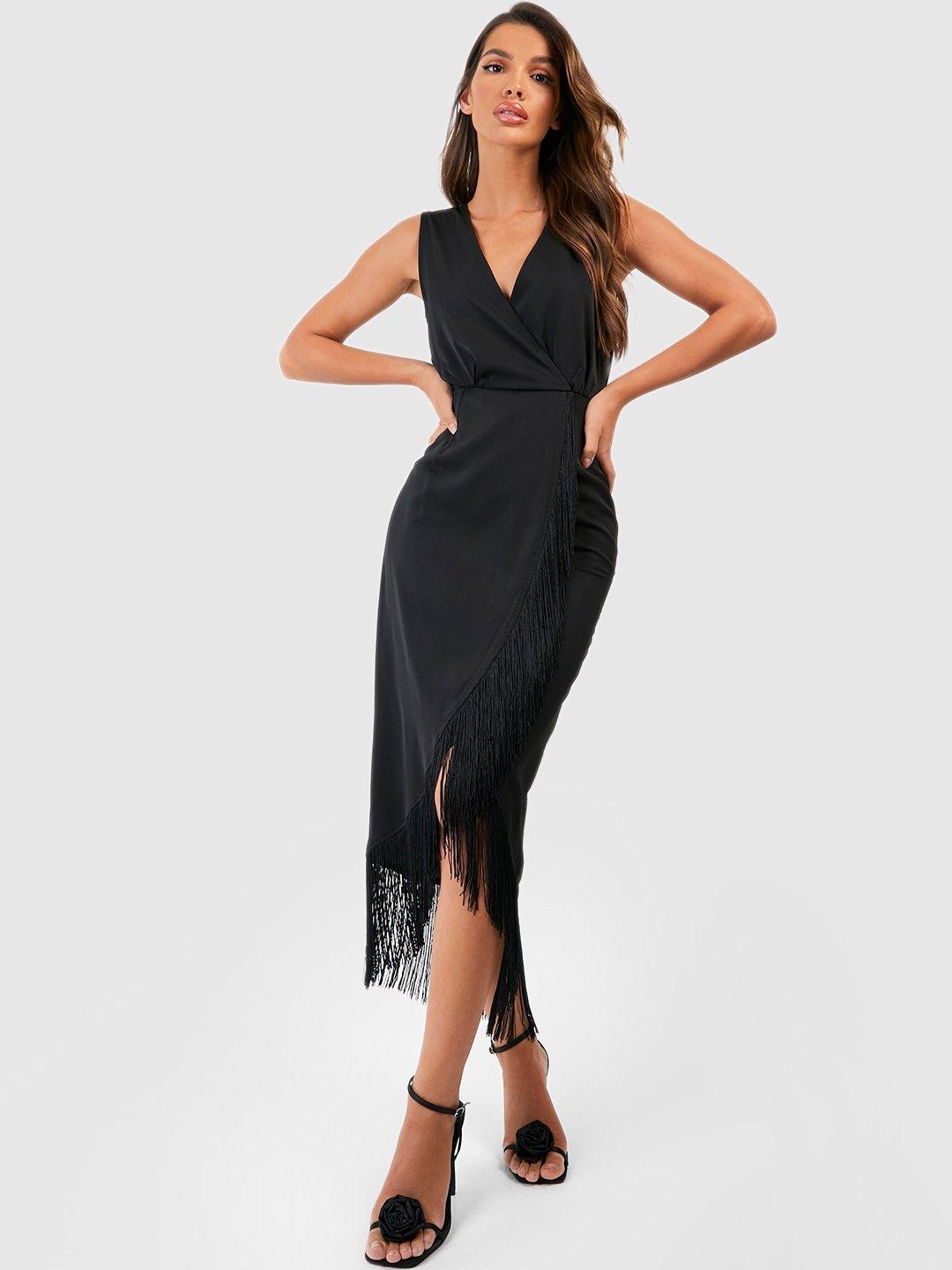 

Boohoo Tassel Hem Wrap Midi Dress, Black