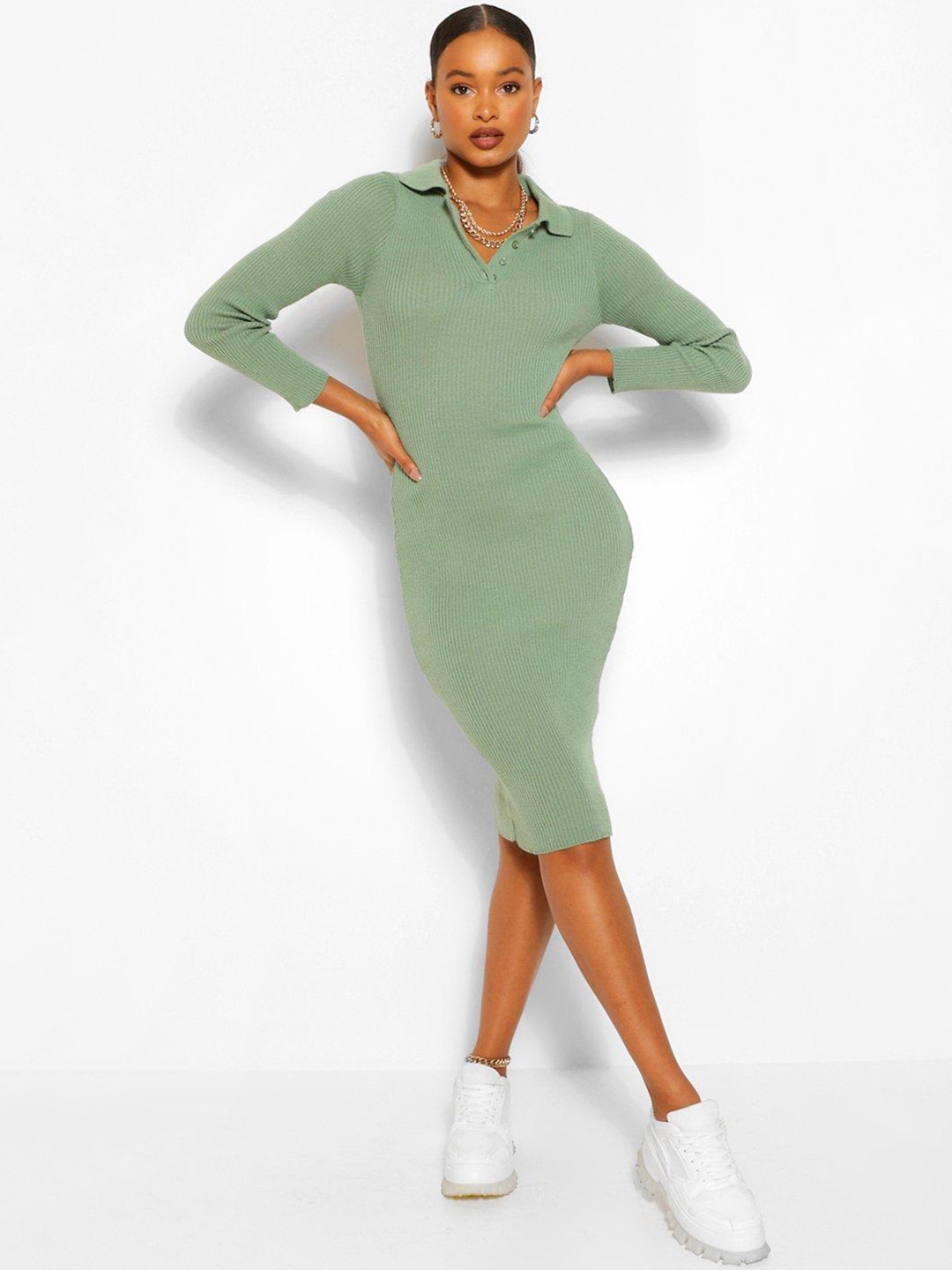 

Boohoo Polo Collar Ribbed Midi Dress, Green
