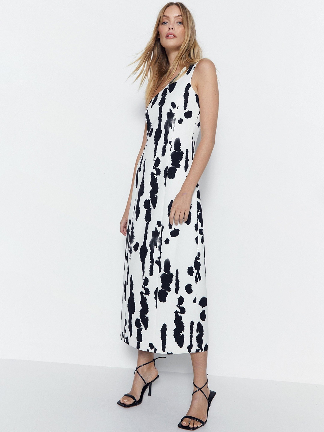 

WAREHOUSE Abstract Print One Shoulder A-Line Maxi Dress, White