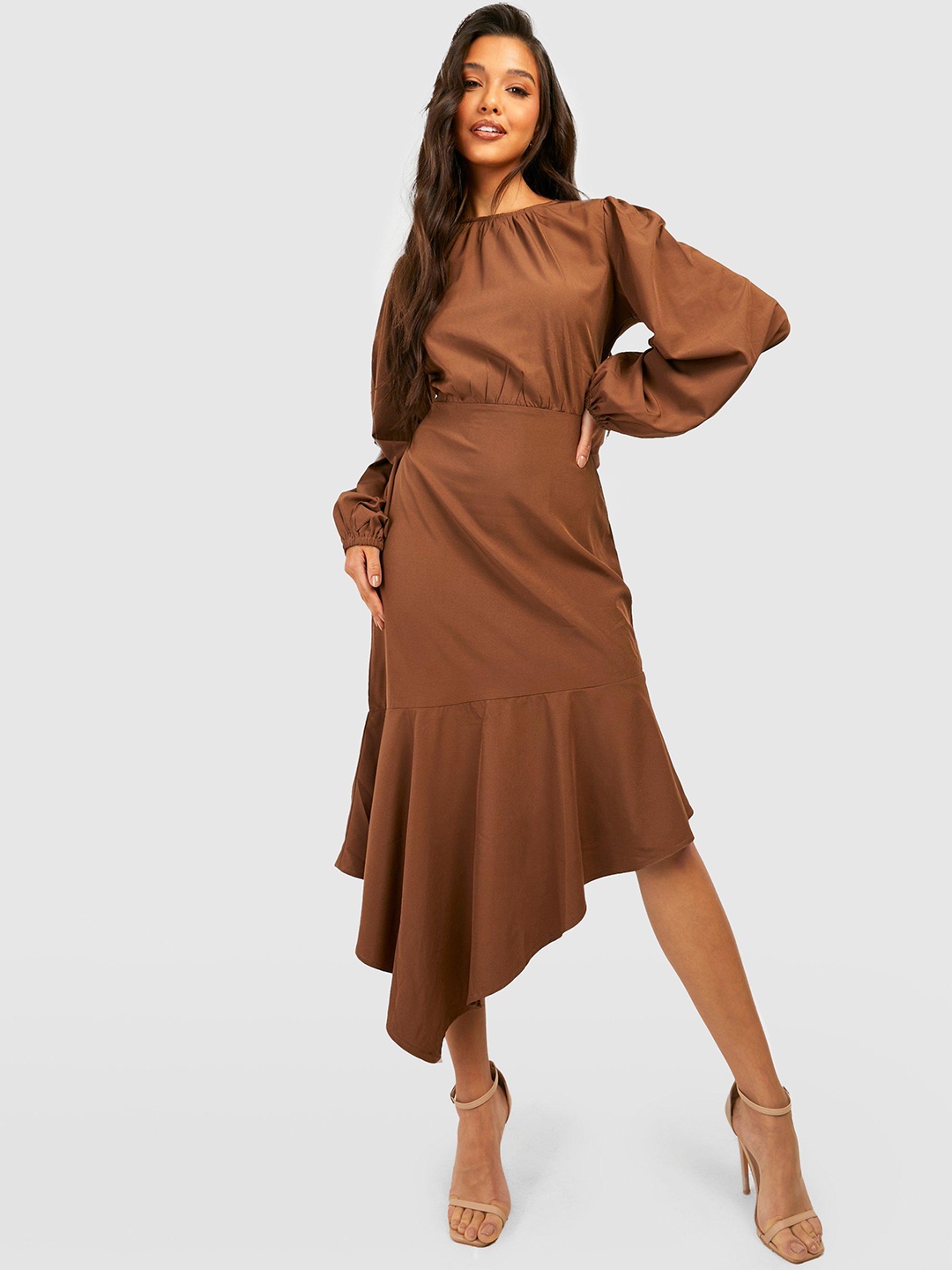 

Boohoo Frilled Hem Asymmetric Midi Dress, Coffee brown