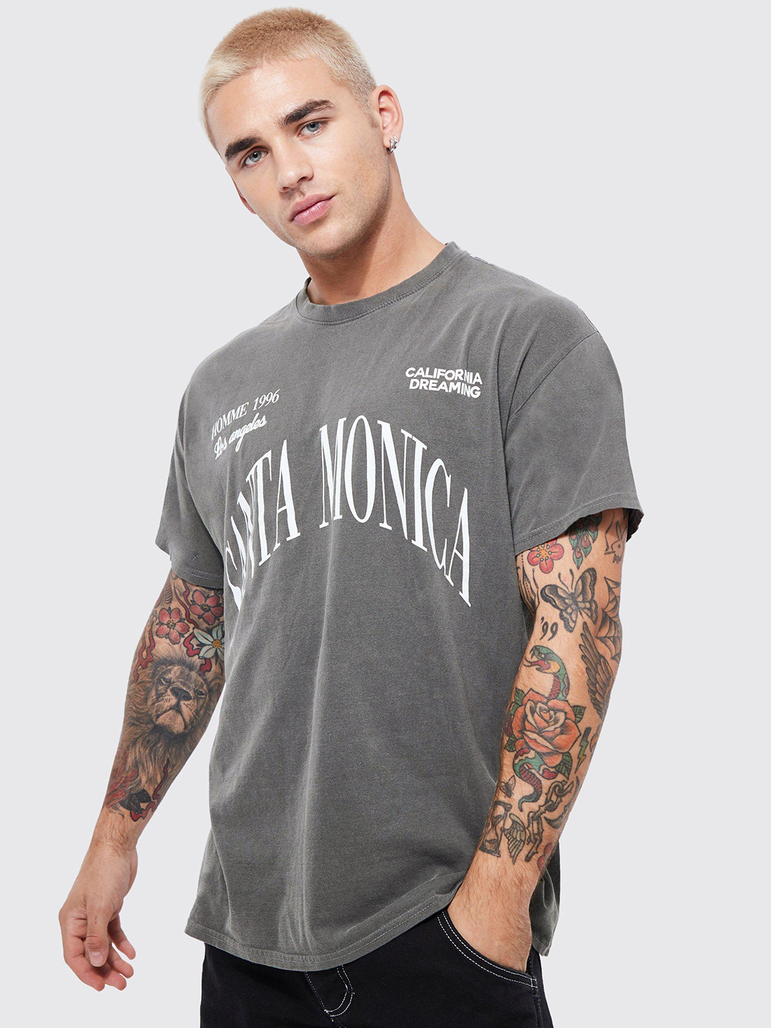 

boohooMAN Printed Pure Cotton Boxy T-shirt, Grey