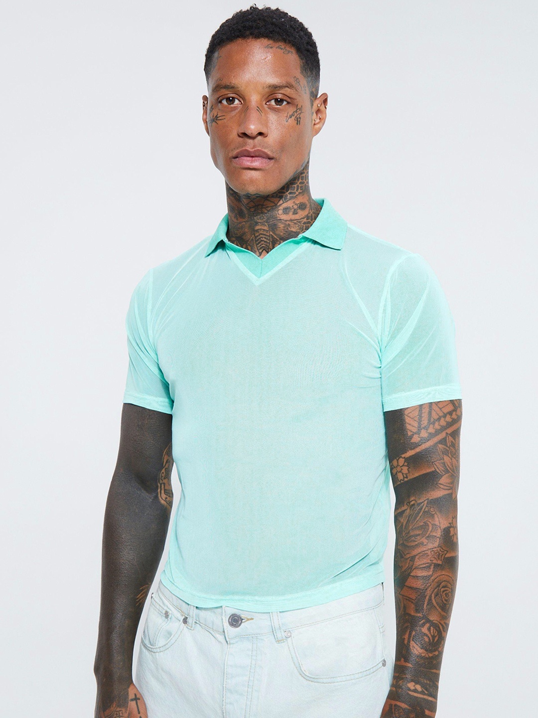 

boohooMAN Polo Collar Semi Sheer Slim Fit T-shirt, Sea green