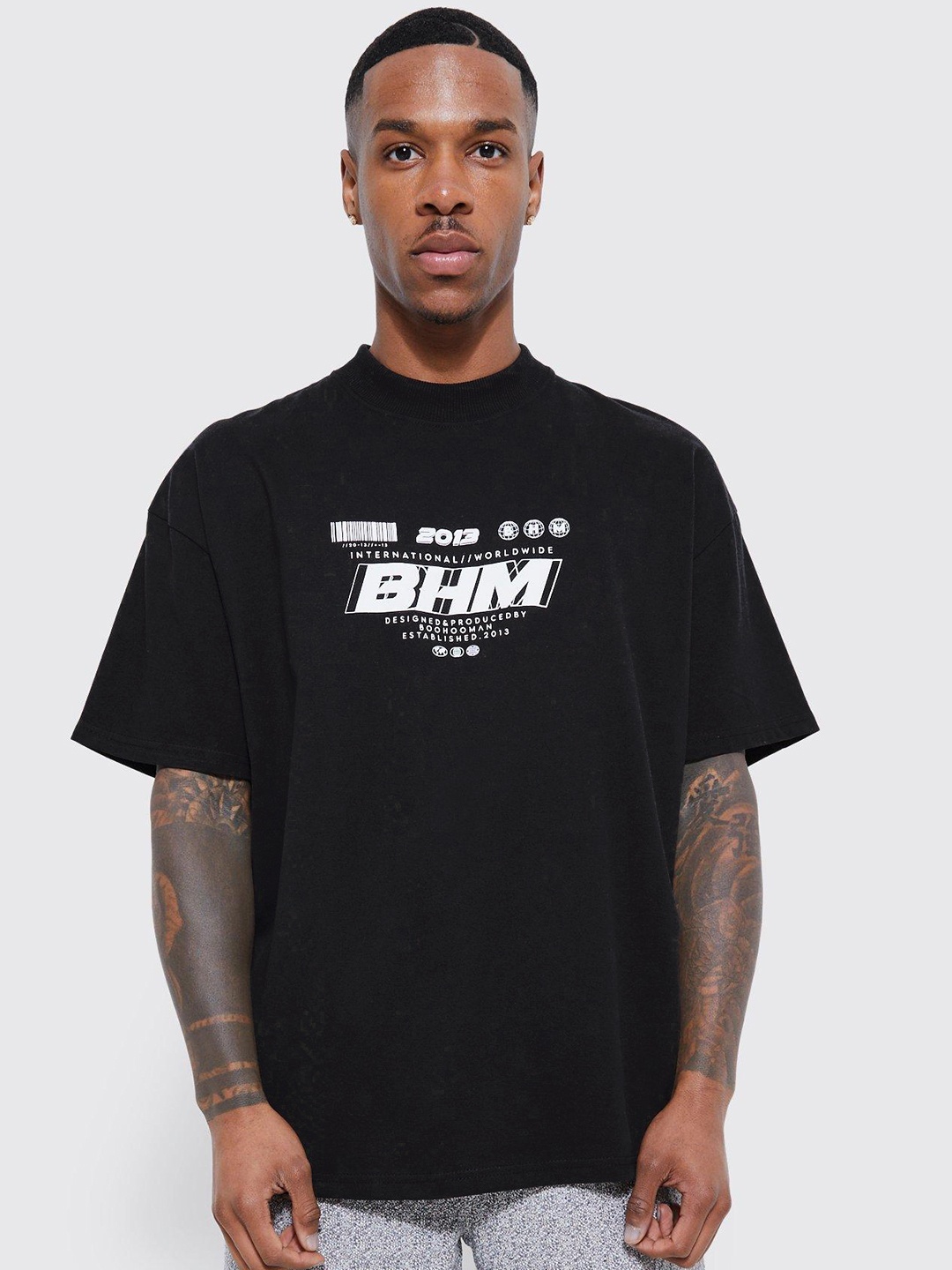 

boohooMAN Typography Print Oversized Pure Cotton T-shirt, Black