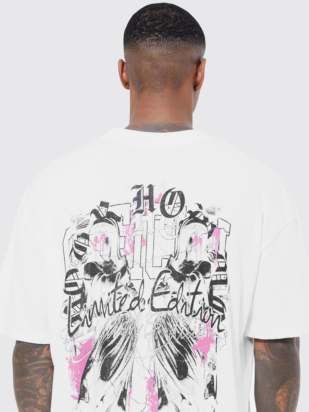 

boohooMAN Printed Drop-Shoulder Sleeves Pure Cotton Oversized T-shirt, White