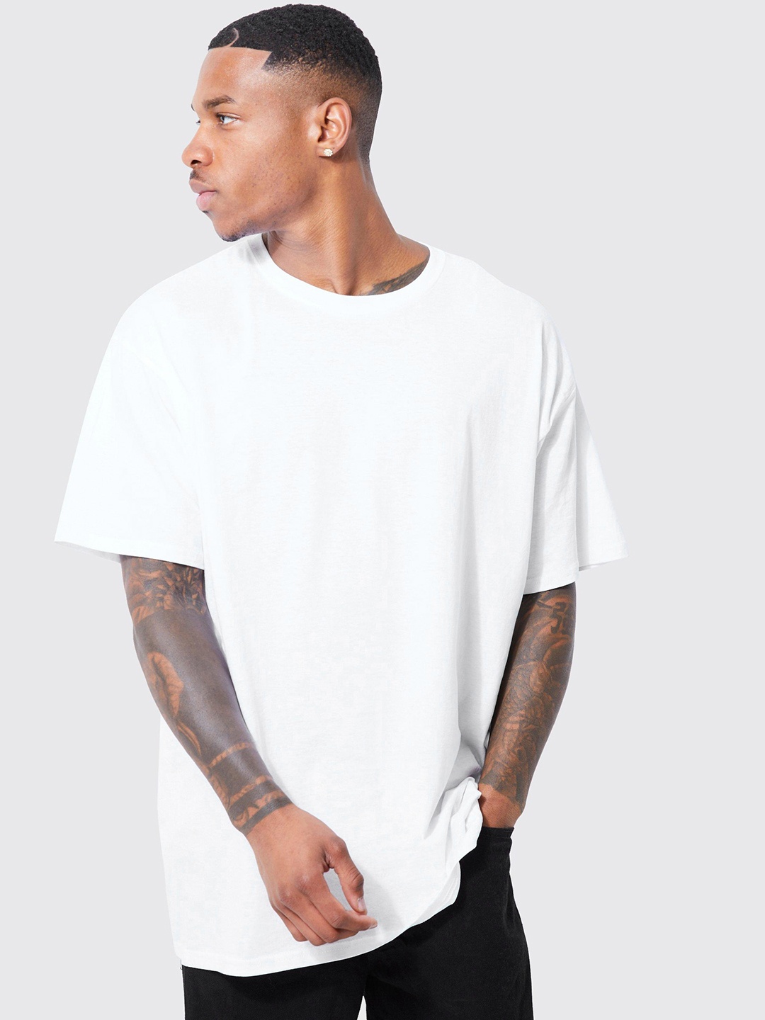 

boohooMAN Printed Drop-Shoulder Sleeves Pure Cotton Oversized T-shirt, White