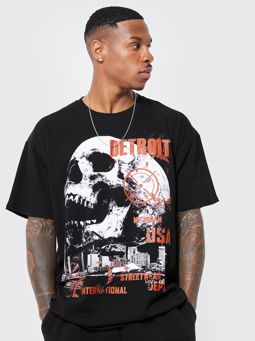 boohooMAN Printed Drop-Shoulder Sleeves Pure Cotton Oversized T-shirt, Black