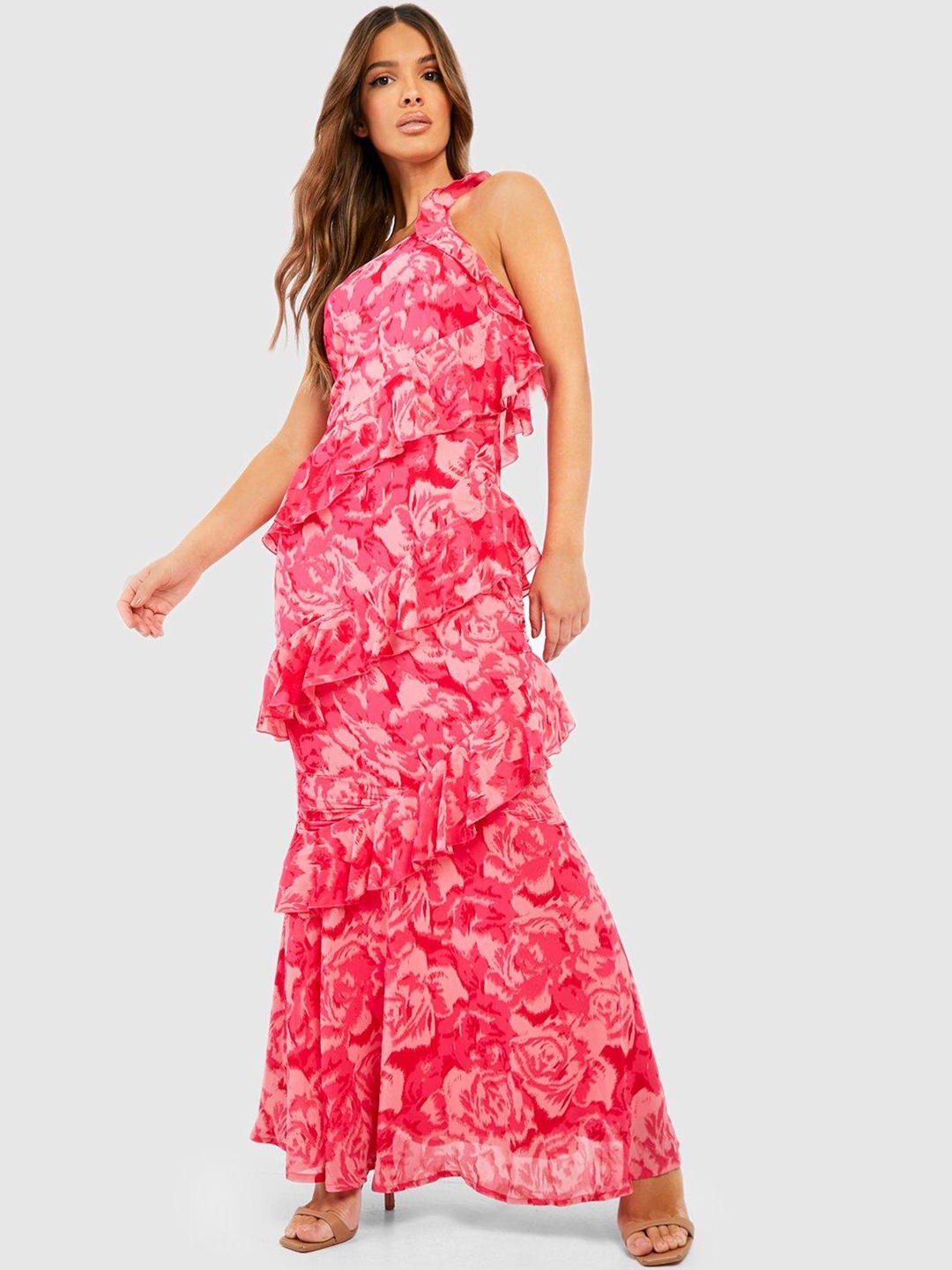 

Boohoo Floral Print One Shoulder Ruffled Maxi Dress, Pink