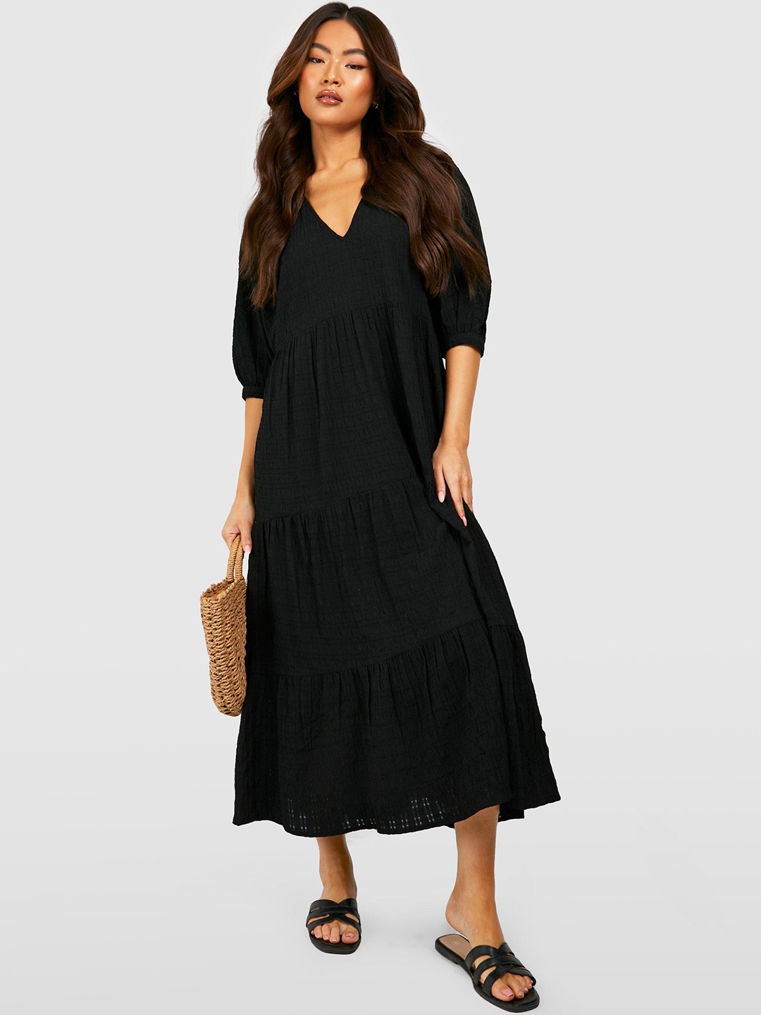 

Boohoo Puff Sleeve Tiered A-Line Midi Dress With Gathered & Pleated Detail, Black