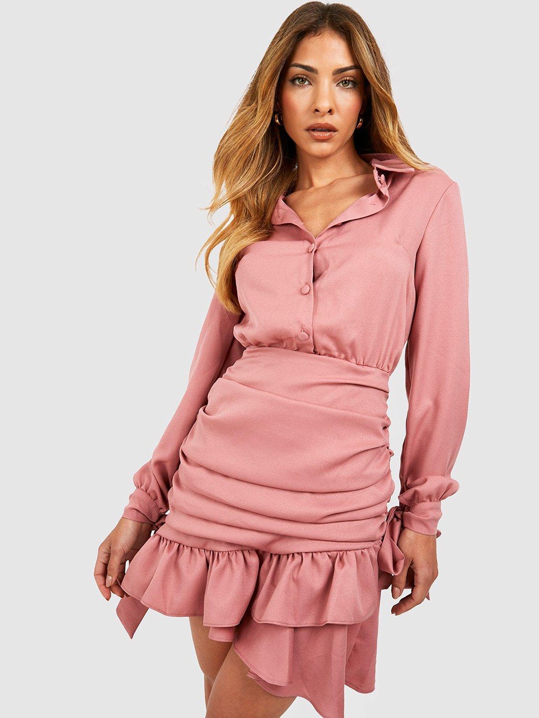 

Boohoo Shirt Collar Puff Sleeve Ruched A-Line Dress, Pink