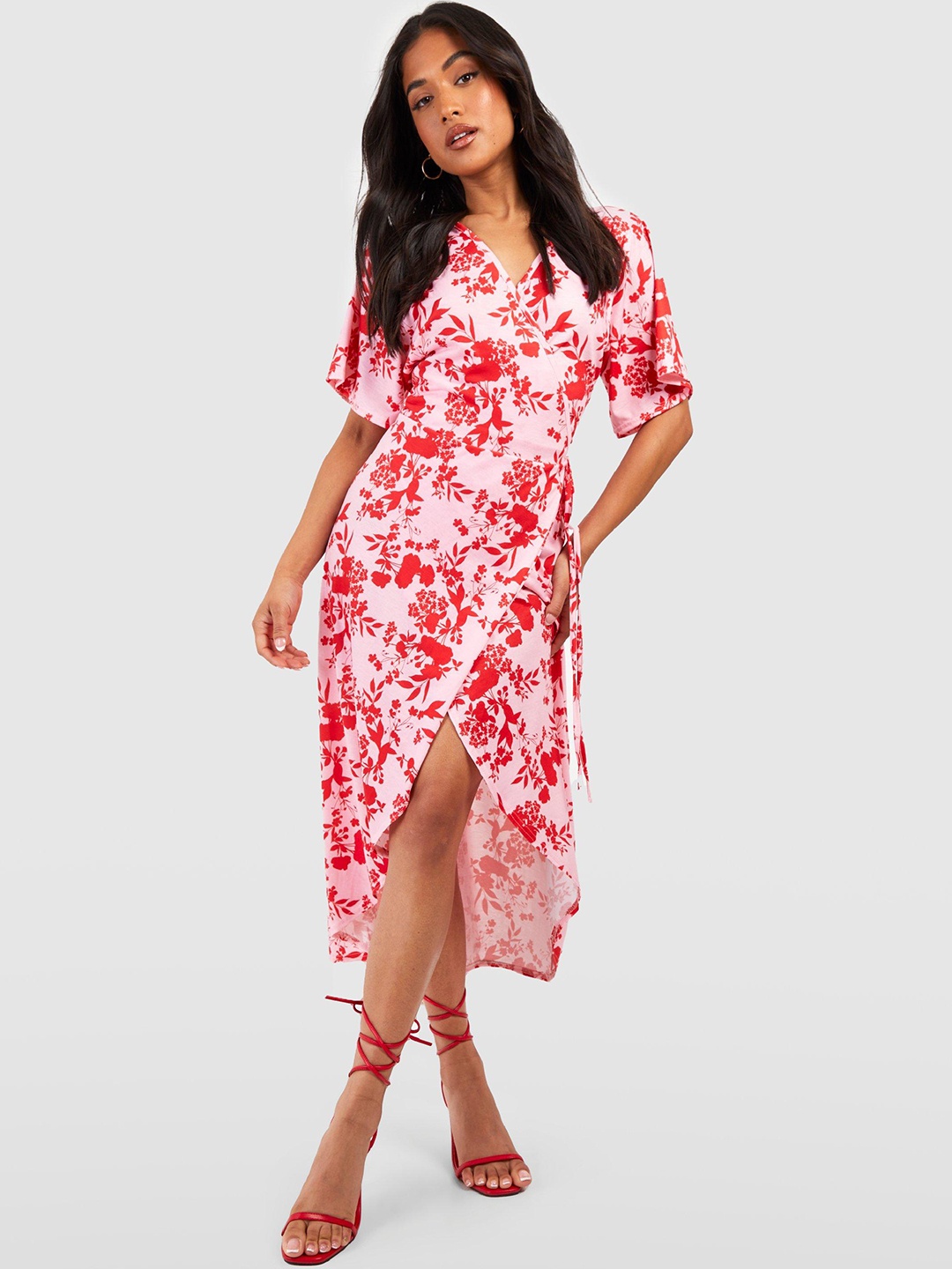 

Boohoo Petite Floral Print Flared Sleeve Midi Wrap Dress, Pink