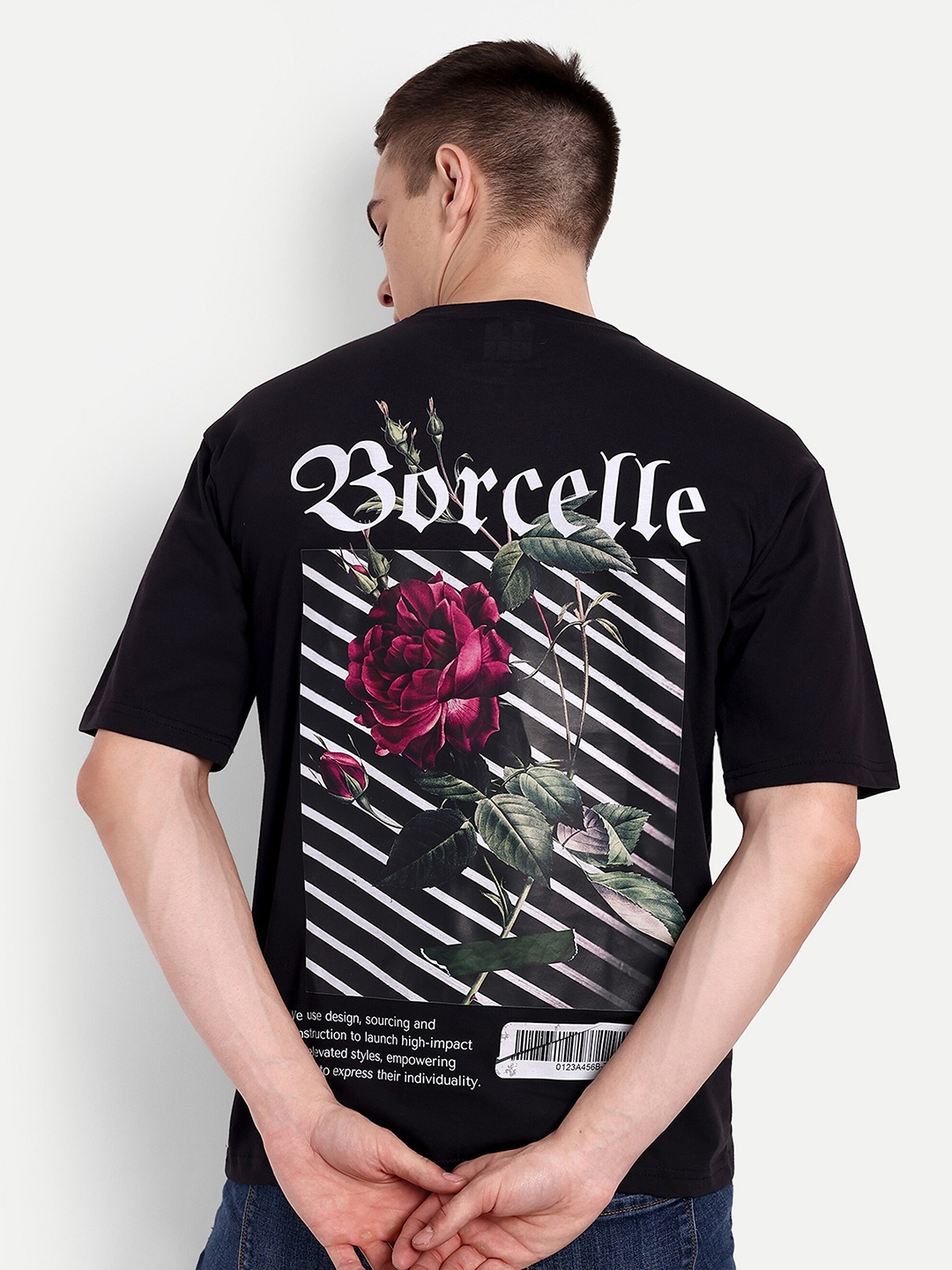 

BLURR Borcello Rose Printed Oversized Pure Cotton T-shirt, Black