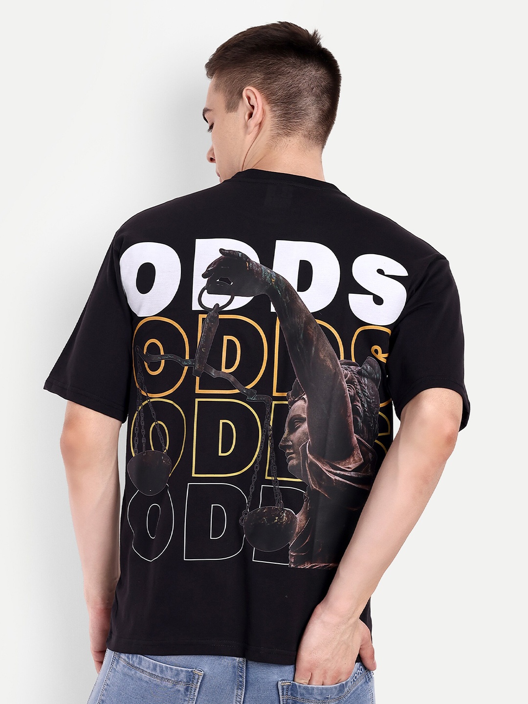

BLURR Odds Graphic Printed Round Neck Drop-Shoulder Sleeves Pure Cotton Oversized T-shirt, Black