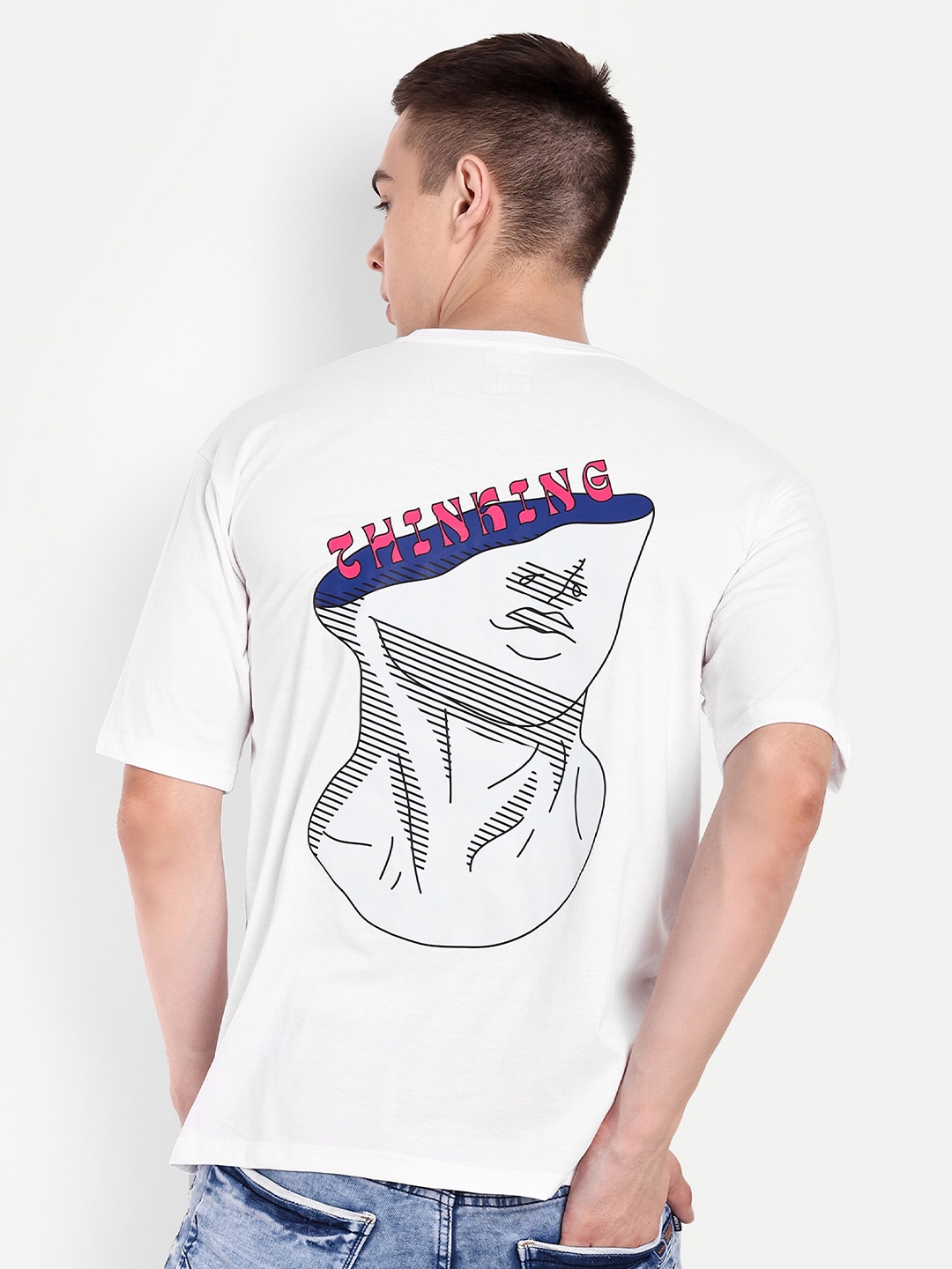 

BLURR Thinking Graphic Printed Oversized Cotton T-shirt, White