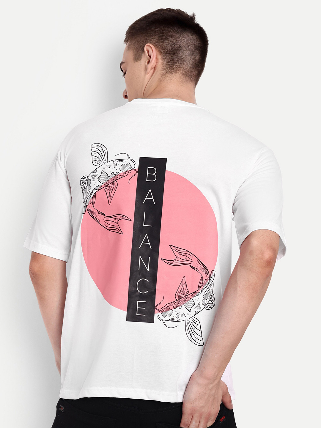 

BLURR Balance Graphic Printed Drop-Shoulder Sleeves Pure Cotton Oversized T-shirt, White