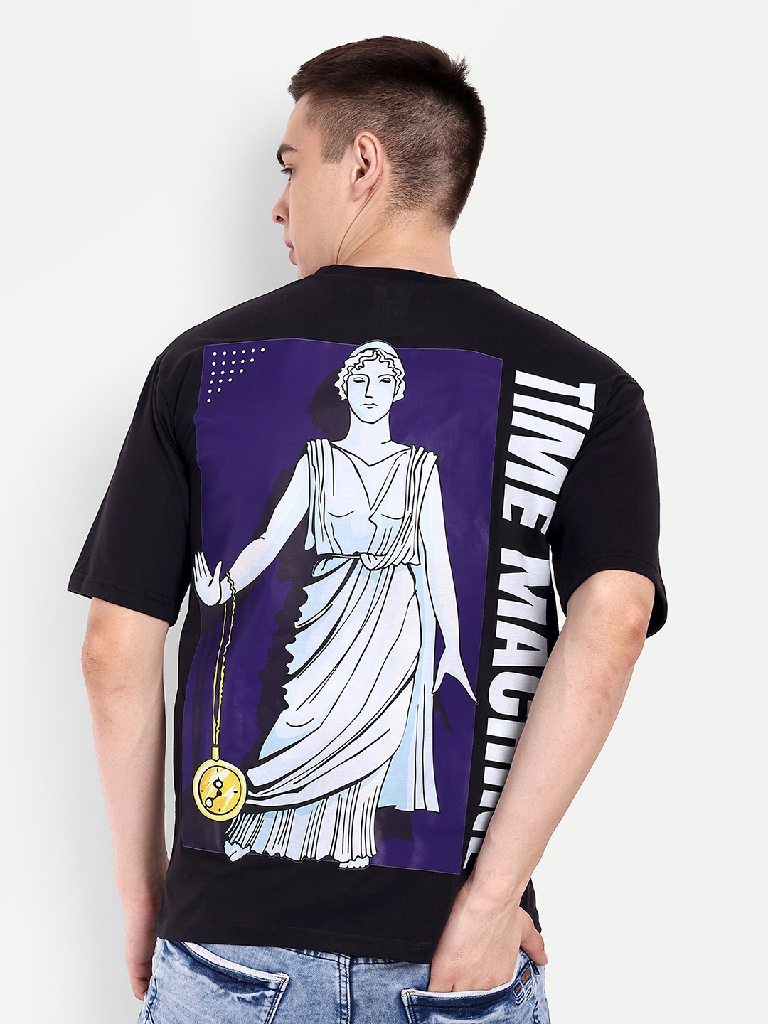

BLURR Time Machine Graphic Printed Drop-Shoulder Sleeves Pure Cotton Oversized T-shirt, Black