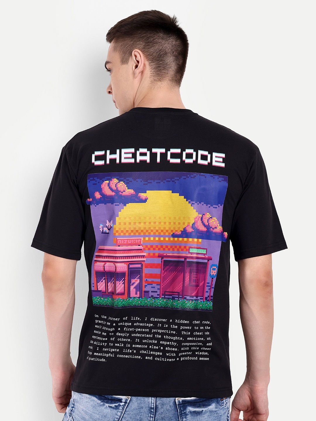 

BLURR Cheat Code Graphic Printed Pure Cotton Oversized T-shirt, Black