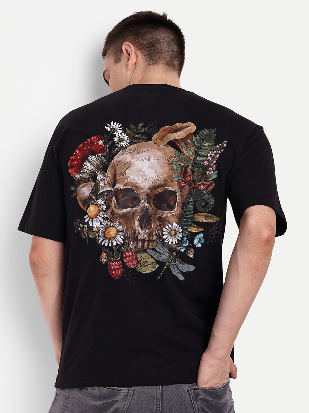 

BLURR Flower Skull Graphic Printed Oversized Pure Cotton T-shirt, Black